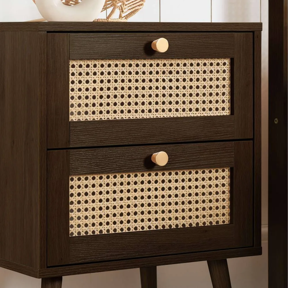Birlea Bedside 2 Drawer Cabinet Walnut Rattan Croxley Side Table 2