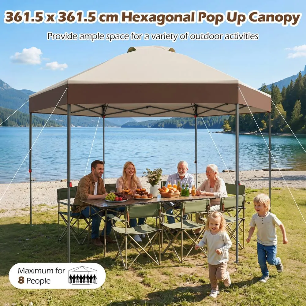 Costway 3.6x3.6m Pop Up Garden Gazebo Adjustable Height Canopy Tent w/Pegs in Brown 4