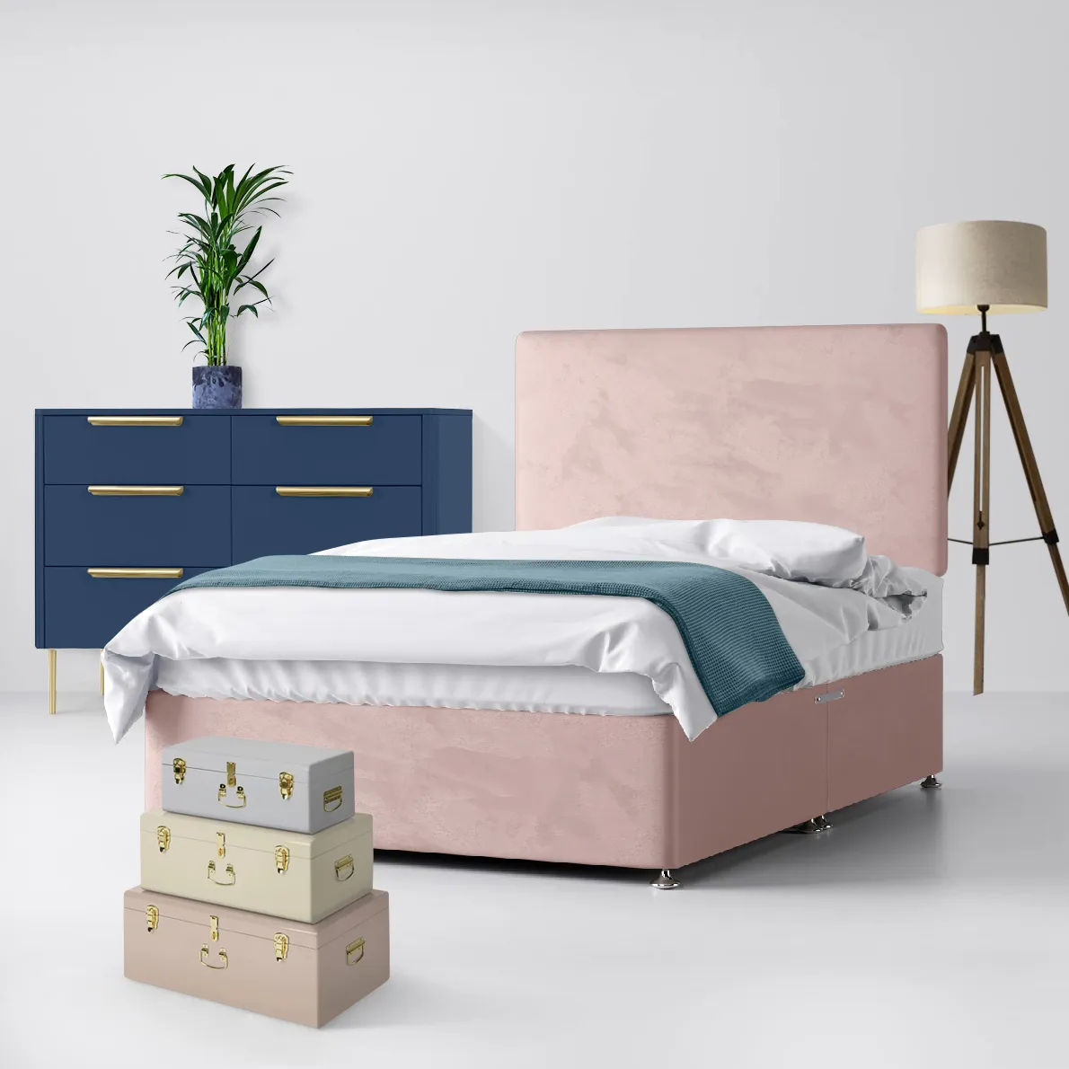 Cornell Plain Pink Velvet Fabric No Drawer Divan Bed - 4ft Small Double