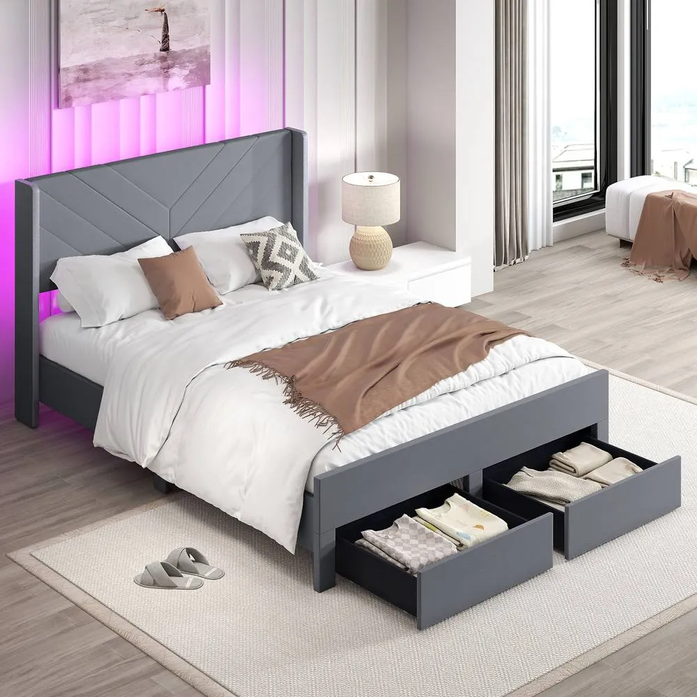 Costway King Size Bed Frame w/LED Lights Dutch Velvet Upholstered Platform Bed in Grey 4