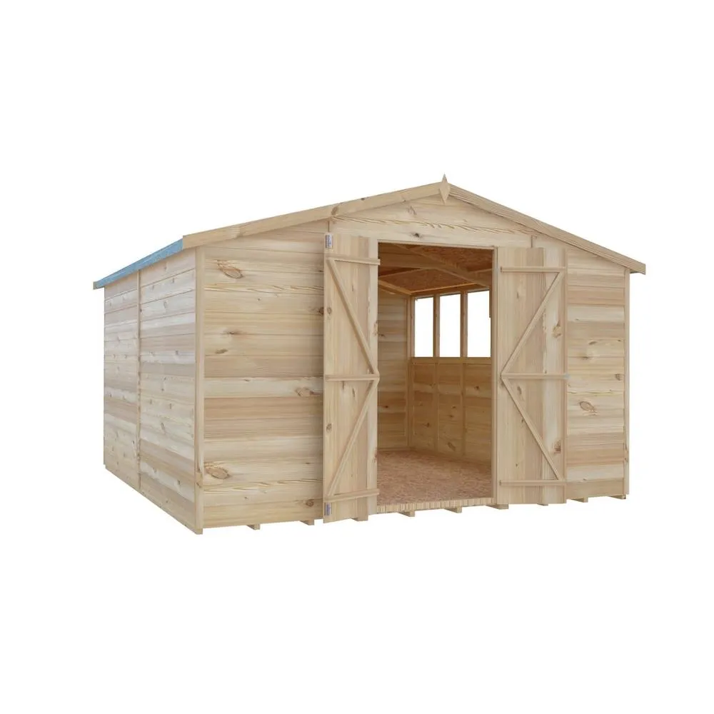 Shires Overlap 10 x 15 Feet Dip Treated Apex Shed Double Door with Windows in Brown 2