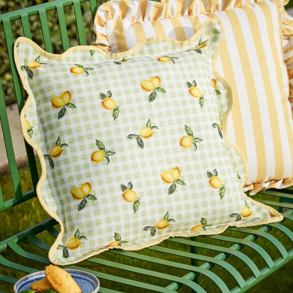 Furn Fruits Lemons Gingham Check Outdoor Cushion in Green