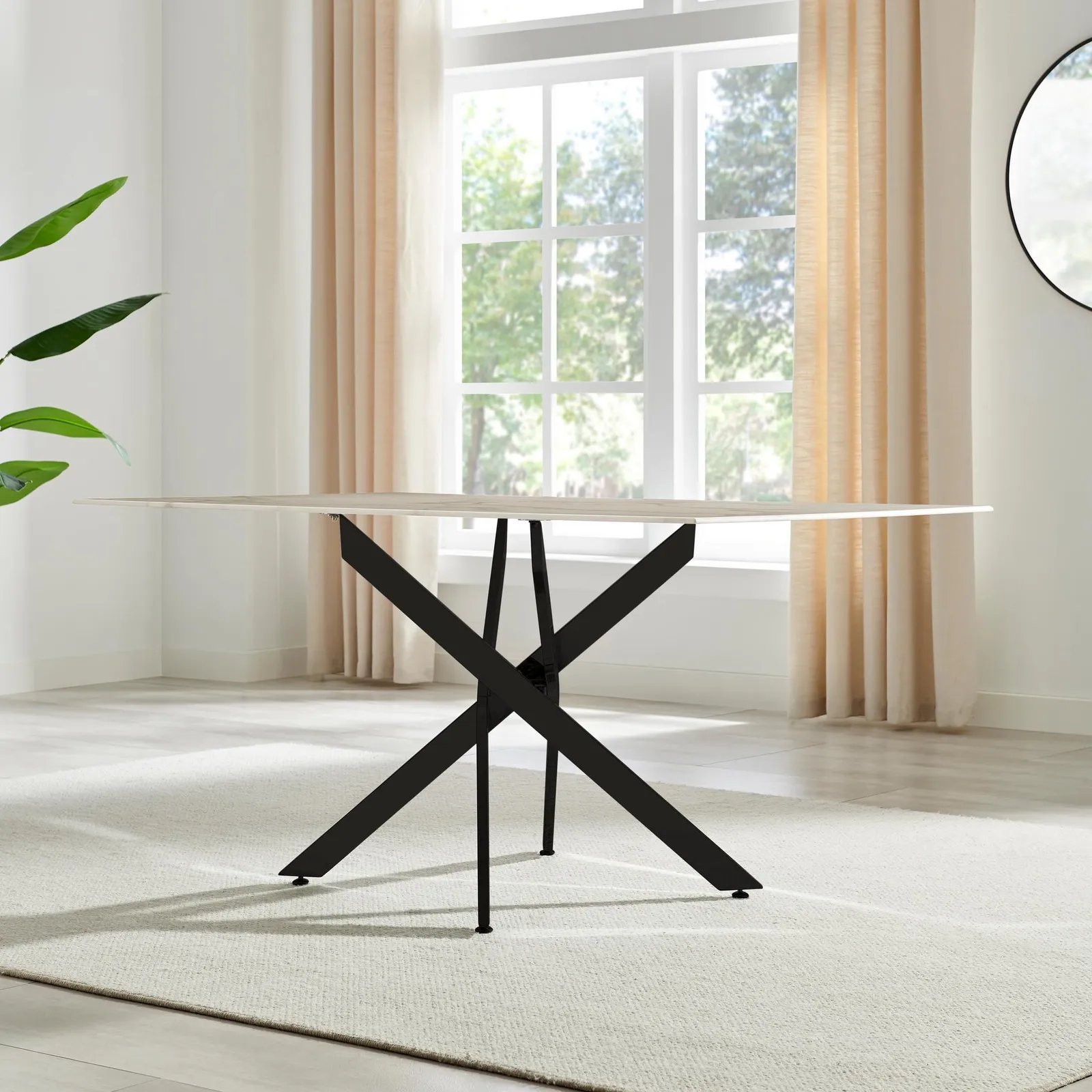 FurnitureboxUK Leonardo 6-Seater Dining Table With Marble Effect Glass Top & Black Metal Legs in White 3
