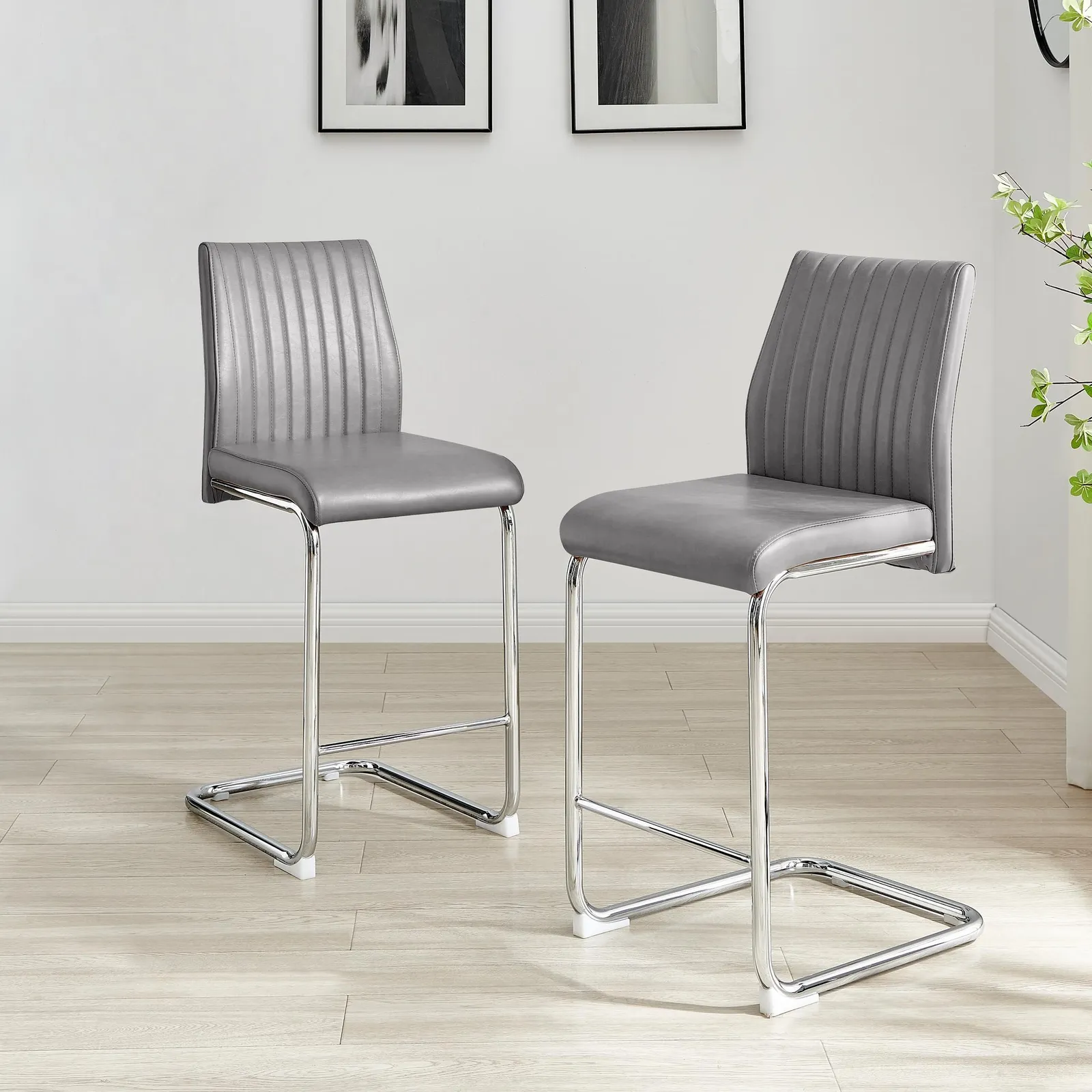 FurnitureboxUK Lorenzo 2x Faux Leather & Silver Counter Stools in Grey 2