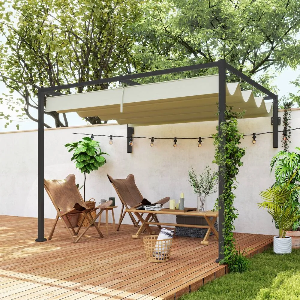 OUTSUNNY 2 x 3(m) Wall Mounted Pergola with Retractable Roof, Khaki 2