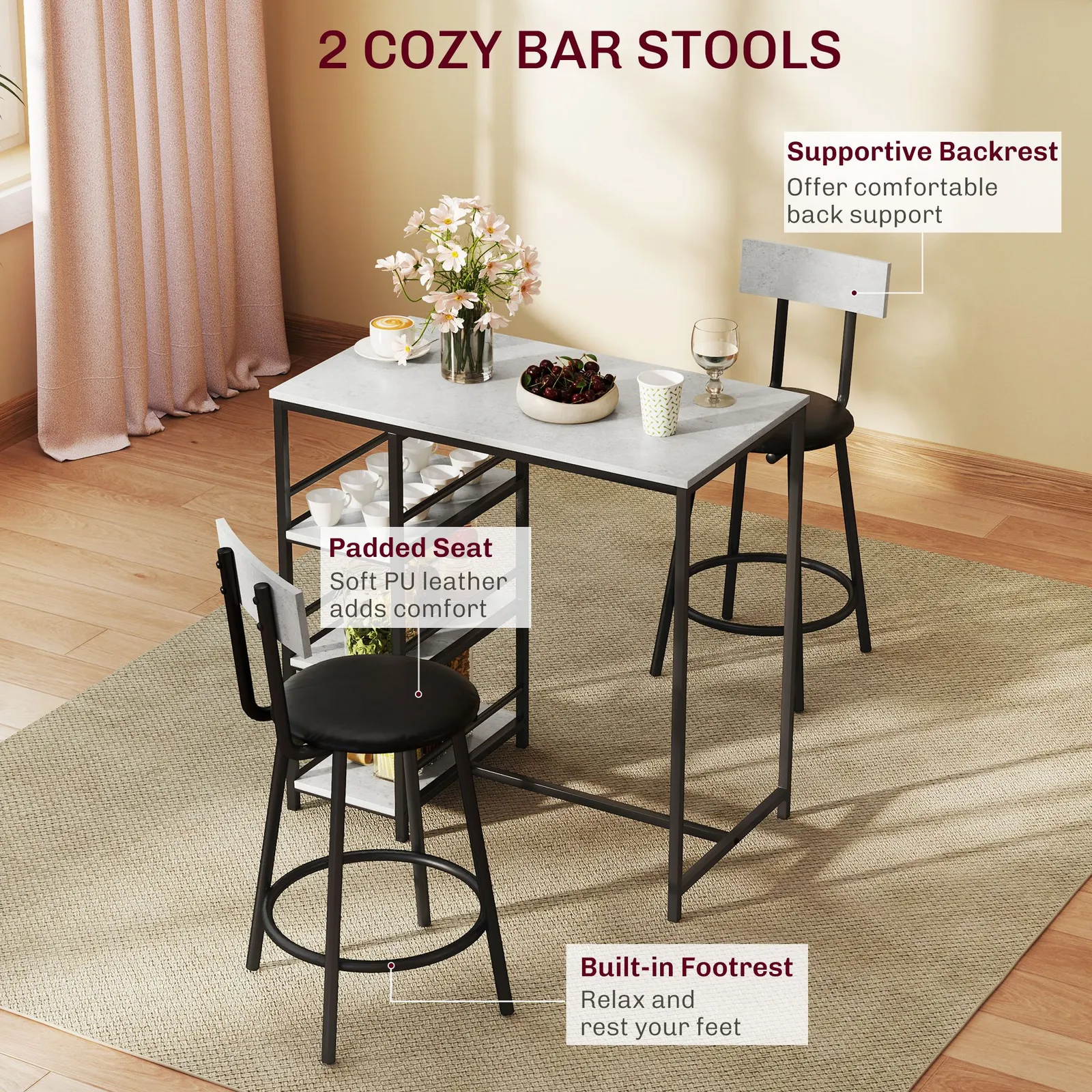 HOMCOM 3 Piece Breakfast Bar Table Set with Storage Shelves, Light Grey 5