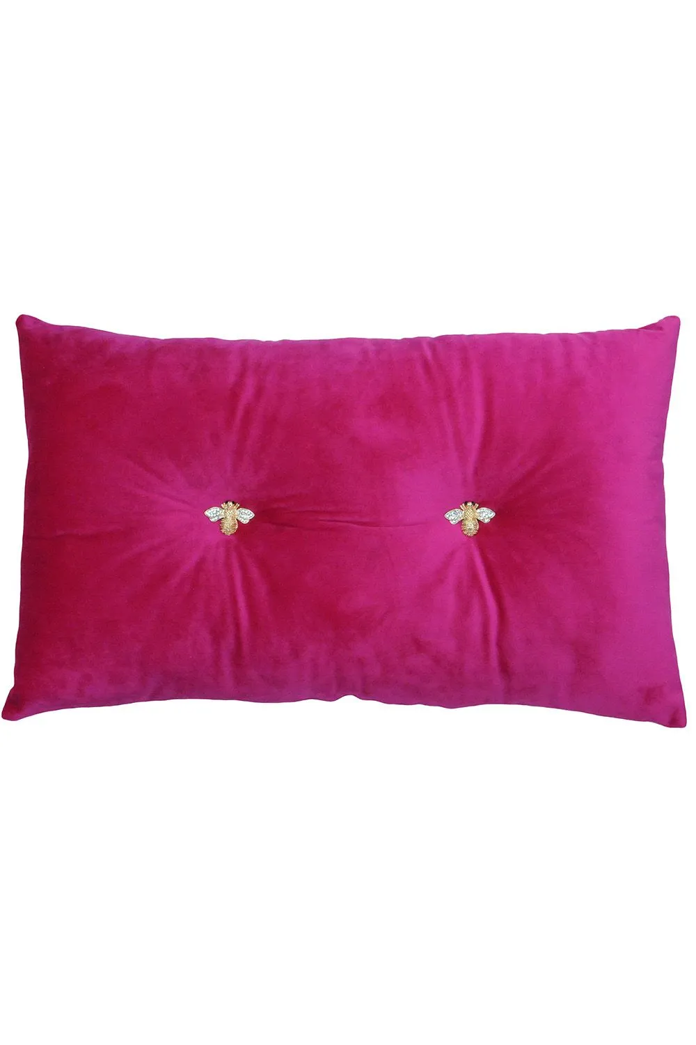 Paoletti Bumble Bee Embroidered Buttoned Velvet Ready Filled Cushion in Fuchsia