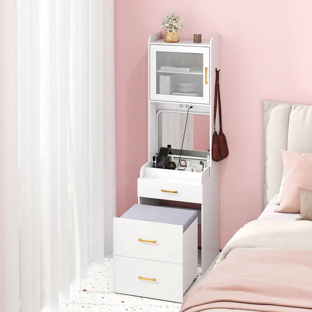 Costway Vanity Desk w/ Flip-up Mirror & Movable Storage Stool Makeup Table in White 2