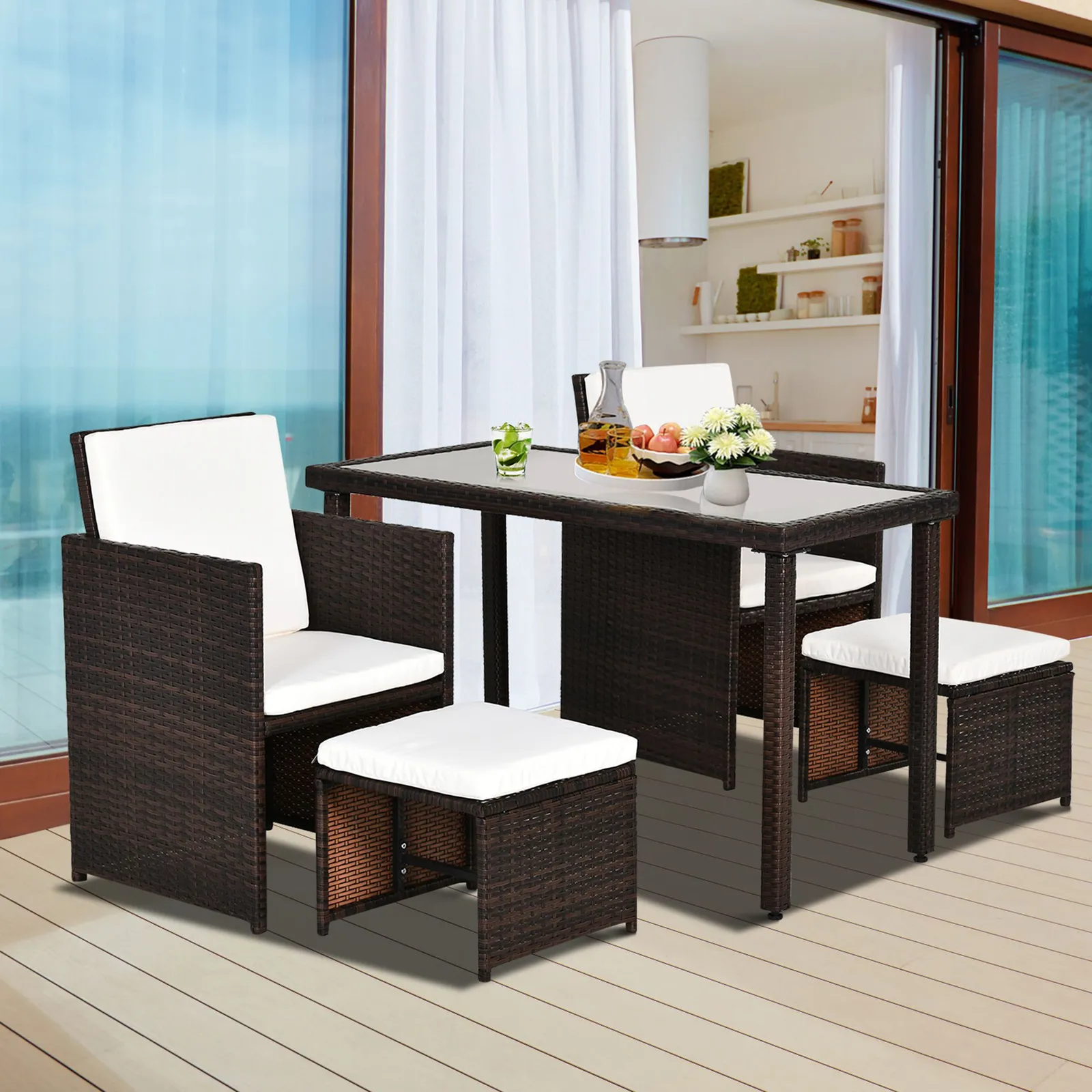 OUTSUNNY 5 PCs Rattan Garden Sofa Set Wicker Furniture Set with Cushion Footrest in Brown