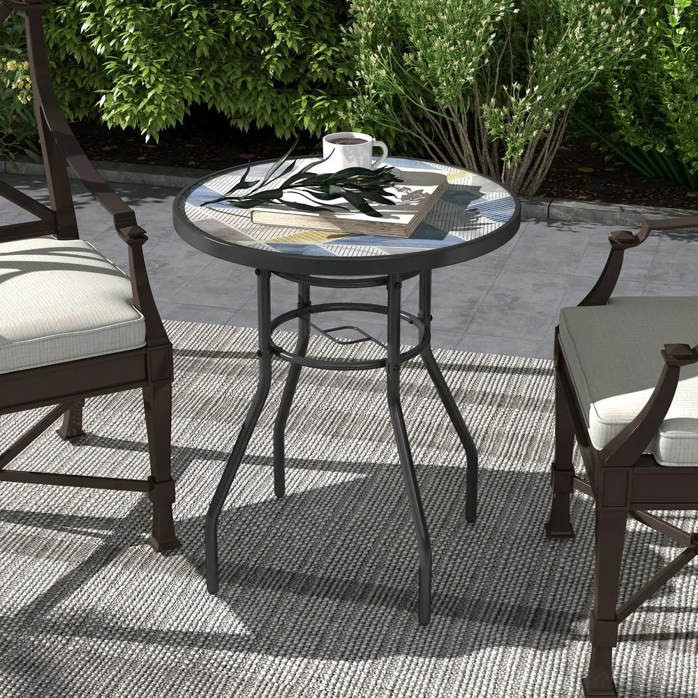 OUTSUNNY Garden Table with Glass Printed Design for Outdoor