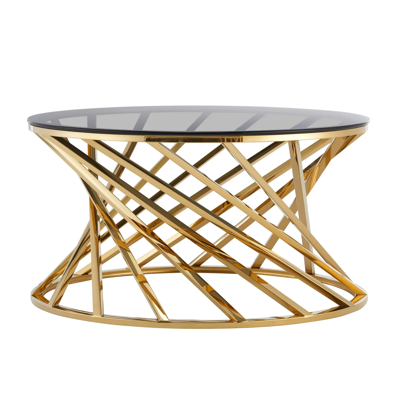 Comfy Living Ltd Round Geometric Design Metal Coffee Table With Tinted Glass Tempered Top in Gold 4