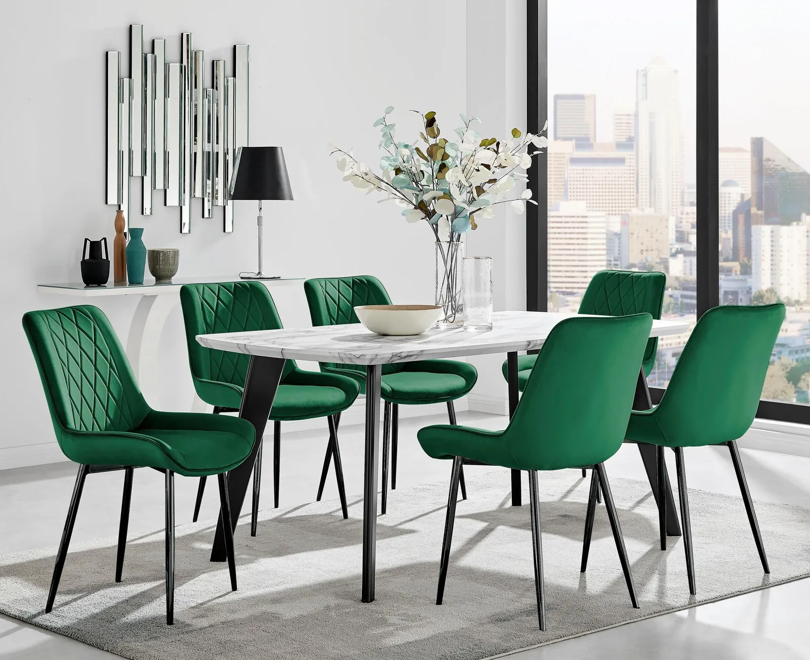 FurnitureboxUK Andria White Marble Effect & Black Leg 6 Seater Dining Table & 6 Pesaro Soft Velvet Chairs in Green 1