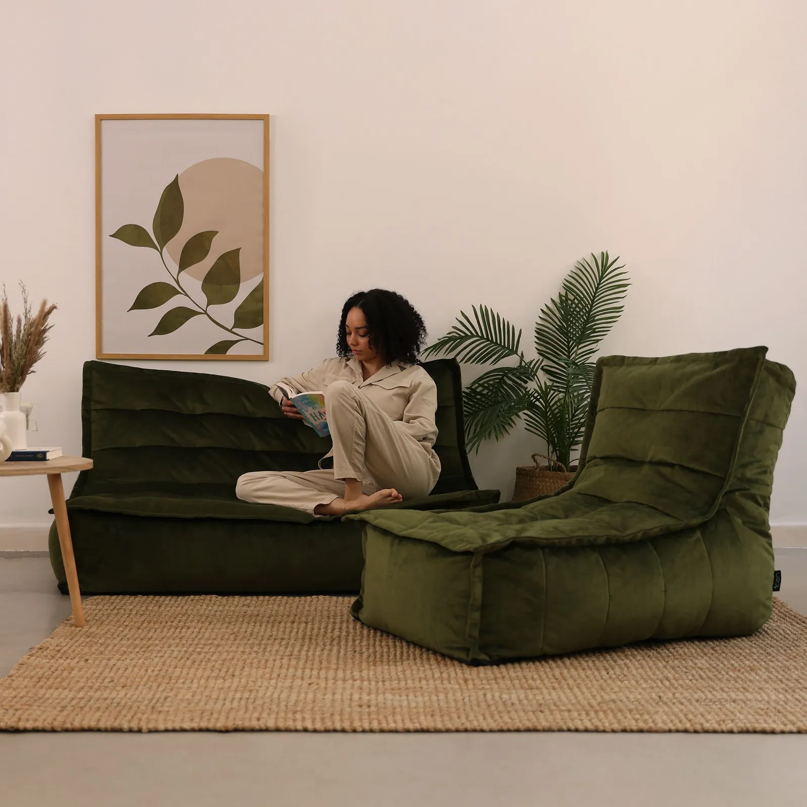 icon Kota Velvet XL Bean Bag Sofa & Lounger Set Grey Bean Bag Chair in Green