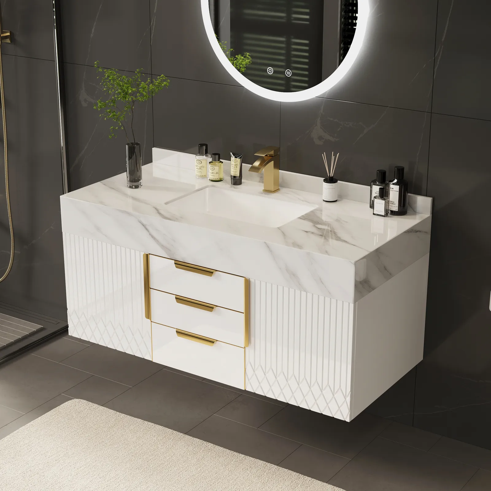 120 cm Wall-Mounted Bathroom Vanity with Sintered Stone Top and Expanded Storage
