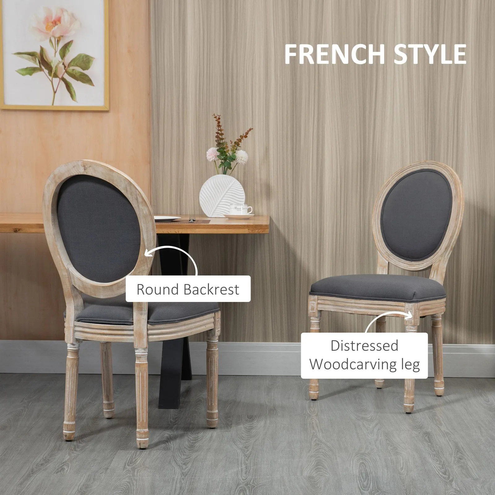 HOMCOM Dining Chairs Set of 2, French-Style Kitchen Chairs, Armless Accent Chairs with Linen Fabric Upholstery, Round Backrest & Solid Wooden Frame 4