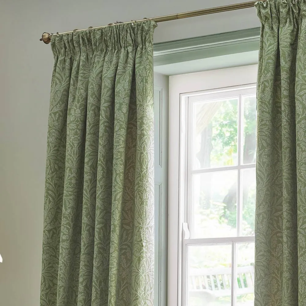 Morris & Co Acorn Tonal Fully Lined Matt Jacquard Pencil Pleat Curtains in Green 3