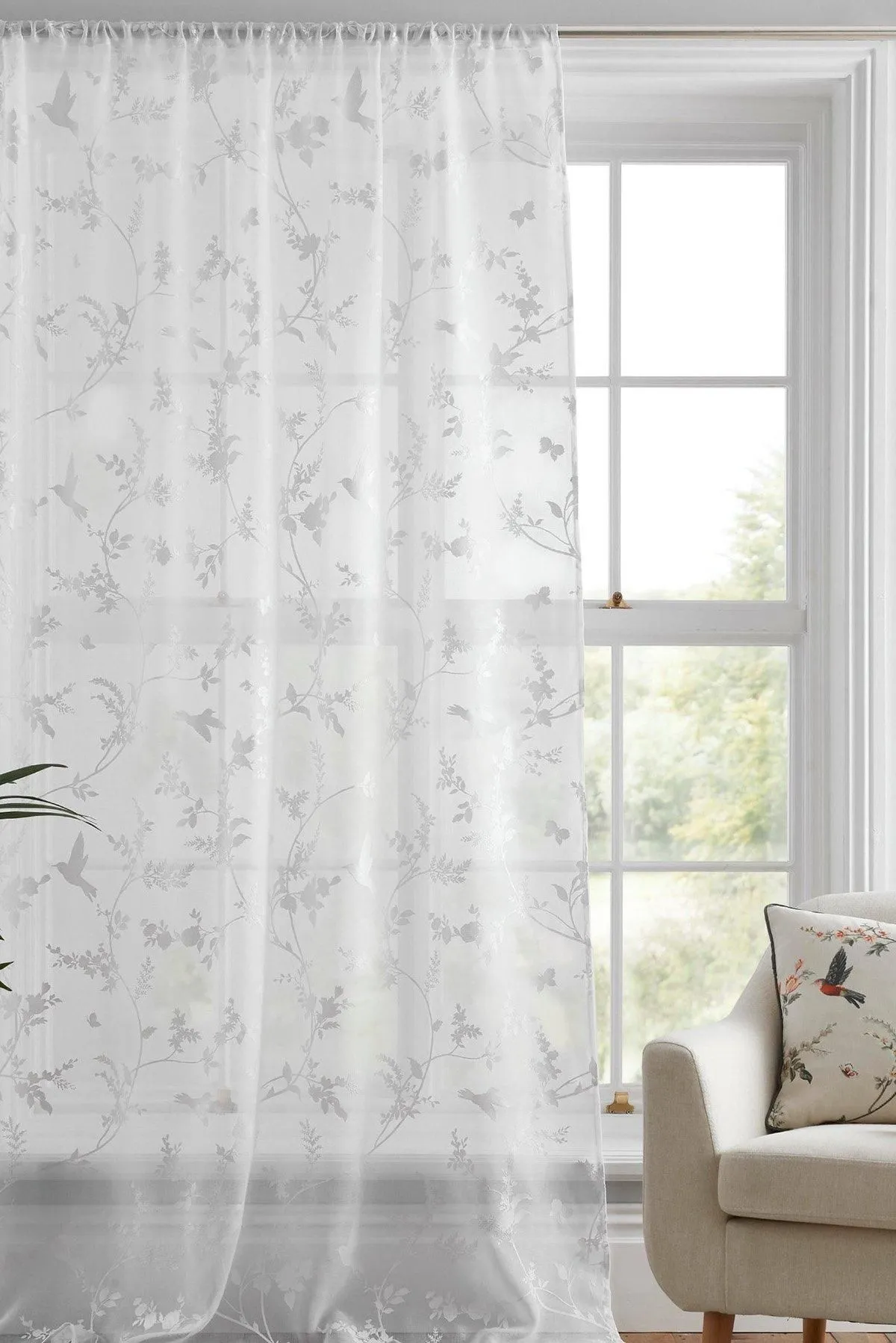 Dreams & Drapes 'Darnley' Floral & Bird Print Voile Panel in White