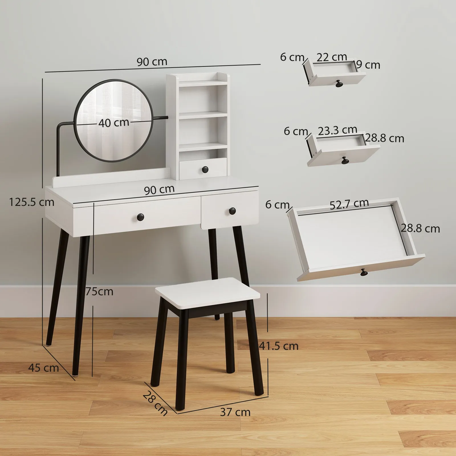 HOMCOM Dressing Table Set with 3 Drawers, Storage shelves & Stool in White 3