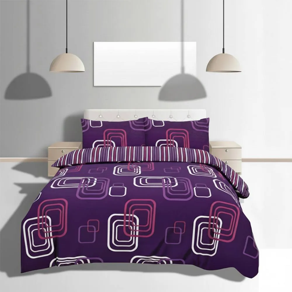 Snug City Duvet Cover & Pillowcase Set Geometric Square Design Bed Linen in Purple