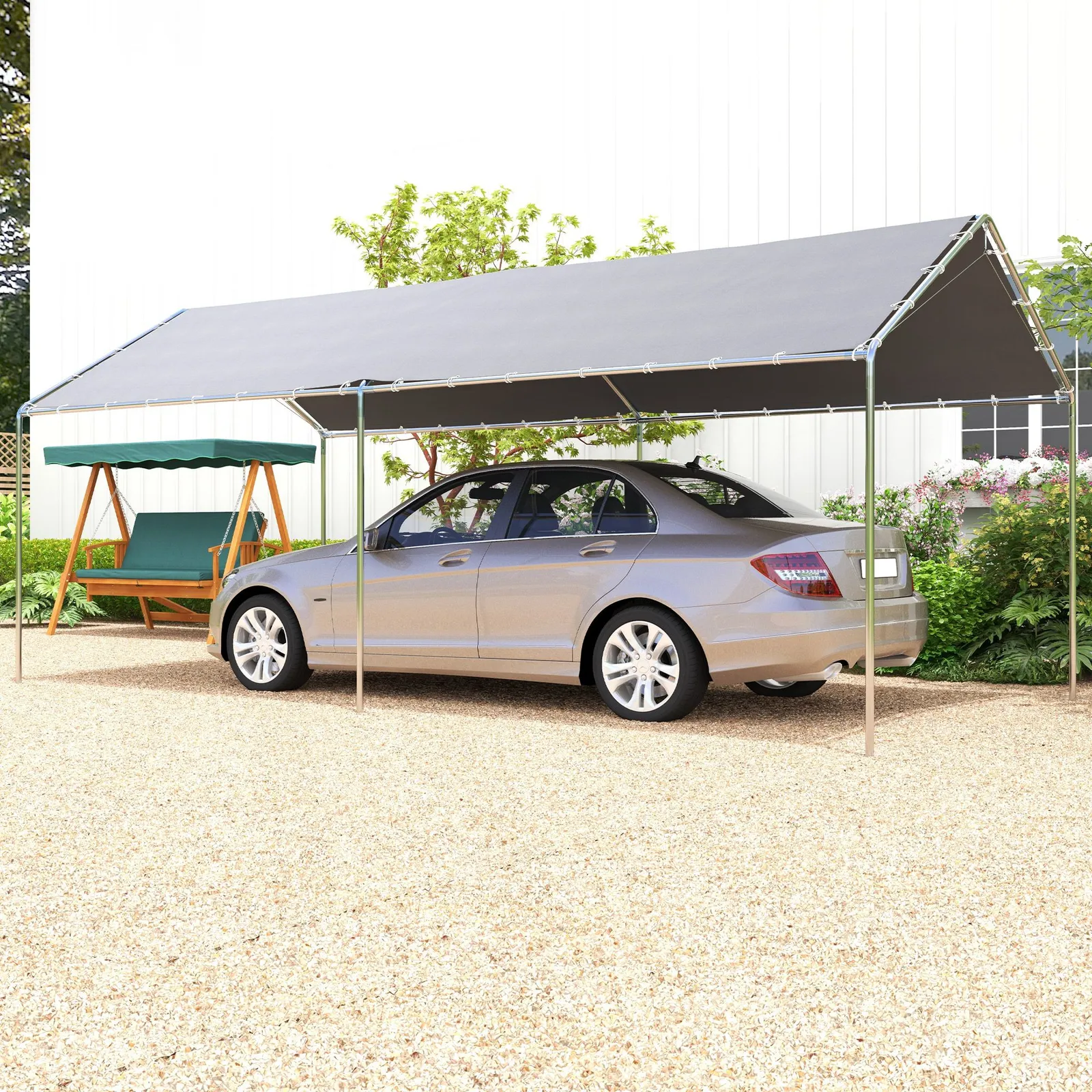 OUTSUNNY 2-Rooms Outdoor Carport Galvanized Steel Frame Tent UV Resistant in Grey 1