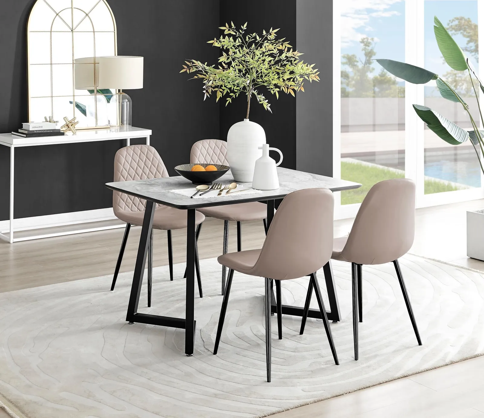 FurnitureboxUK Carson White Marble Effect Dining Table & 4 Corona Black Leg Chairs in Beige 1