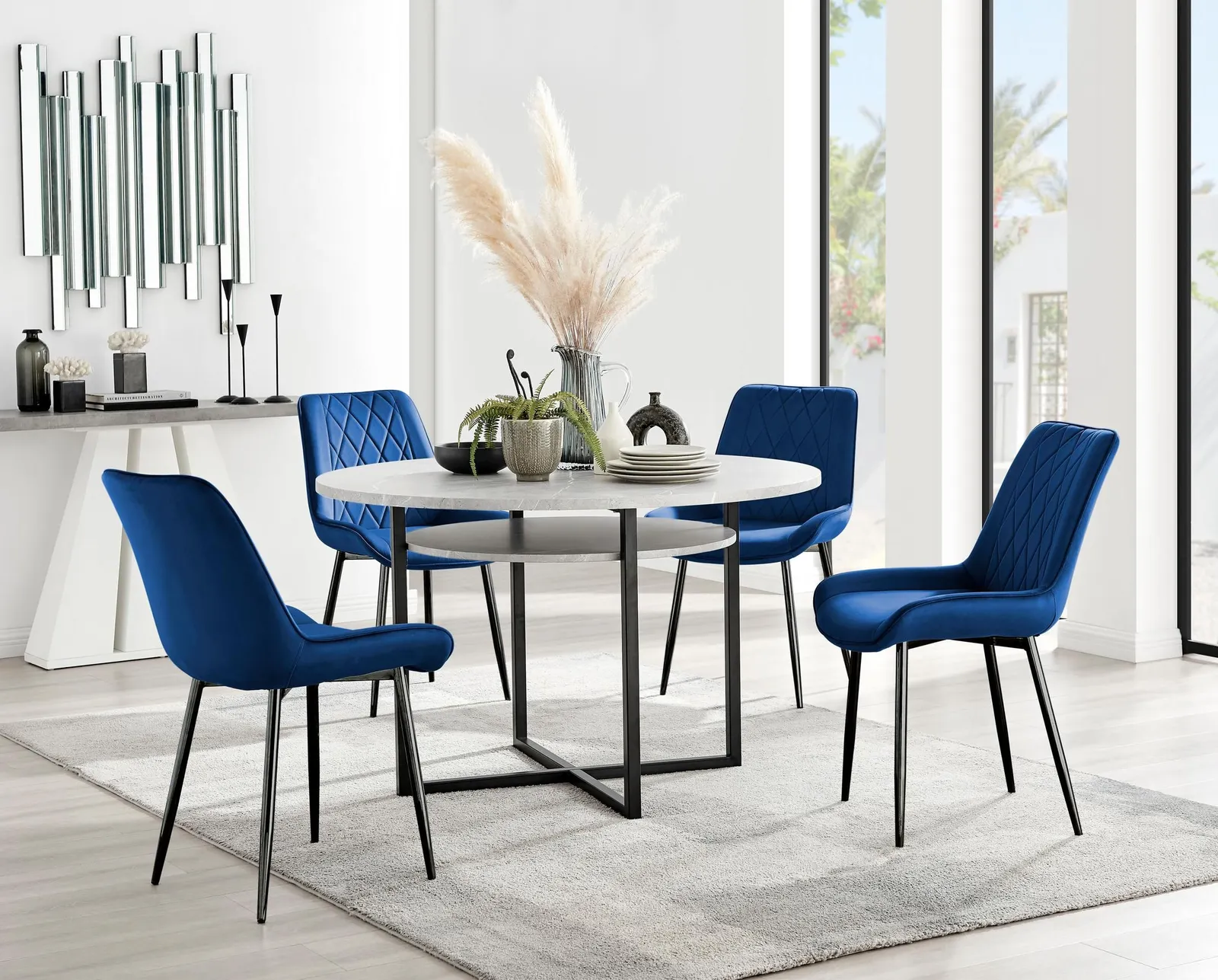FurnitureboxUK Adley Grey Concrete Effect & Black Round Dining Table with Shelf & 4 Velvet Pesaro Dining Chairs in Navy