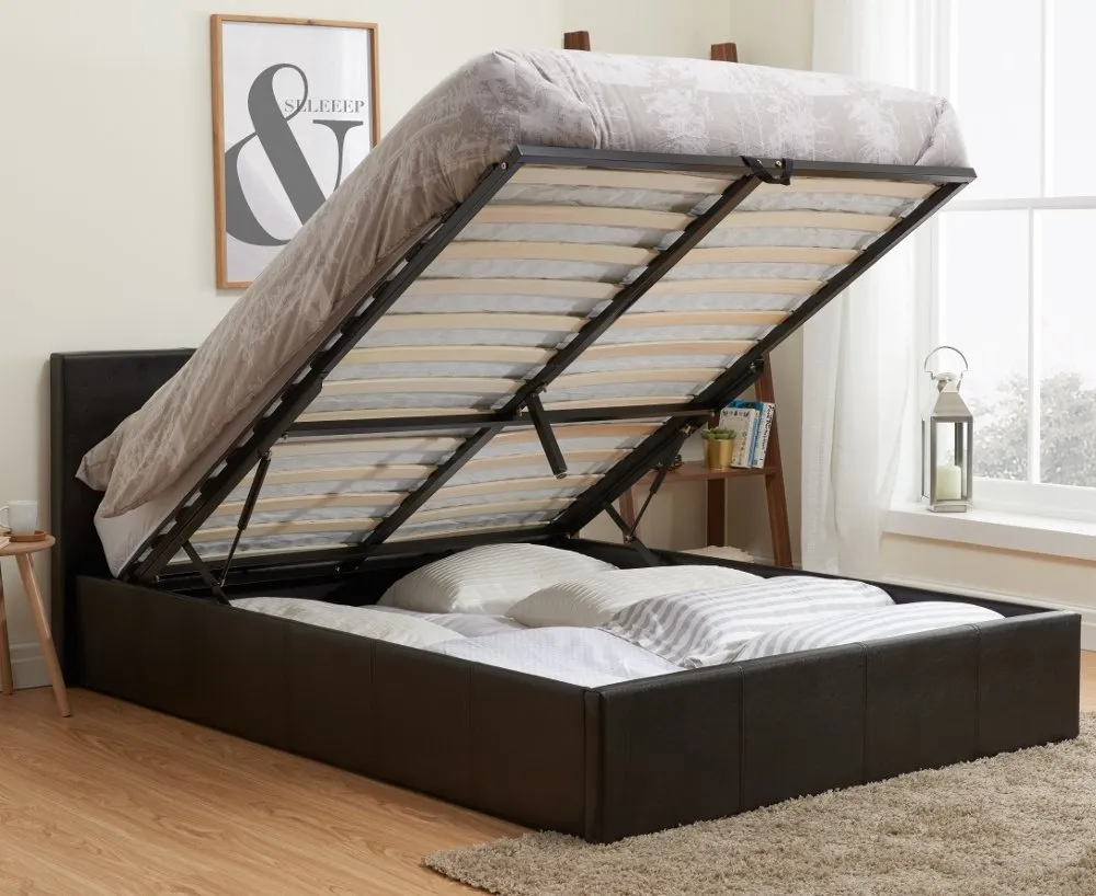 Berlin - Double - Brown Leather Ottoman Storage Bed Frame - Double - Happy Beds 1