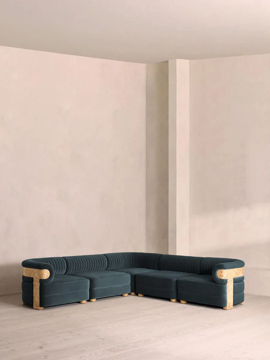 Caleb Modular Corner Sofa, Velvet, Grey Blue, Blonde Burl