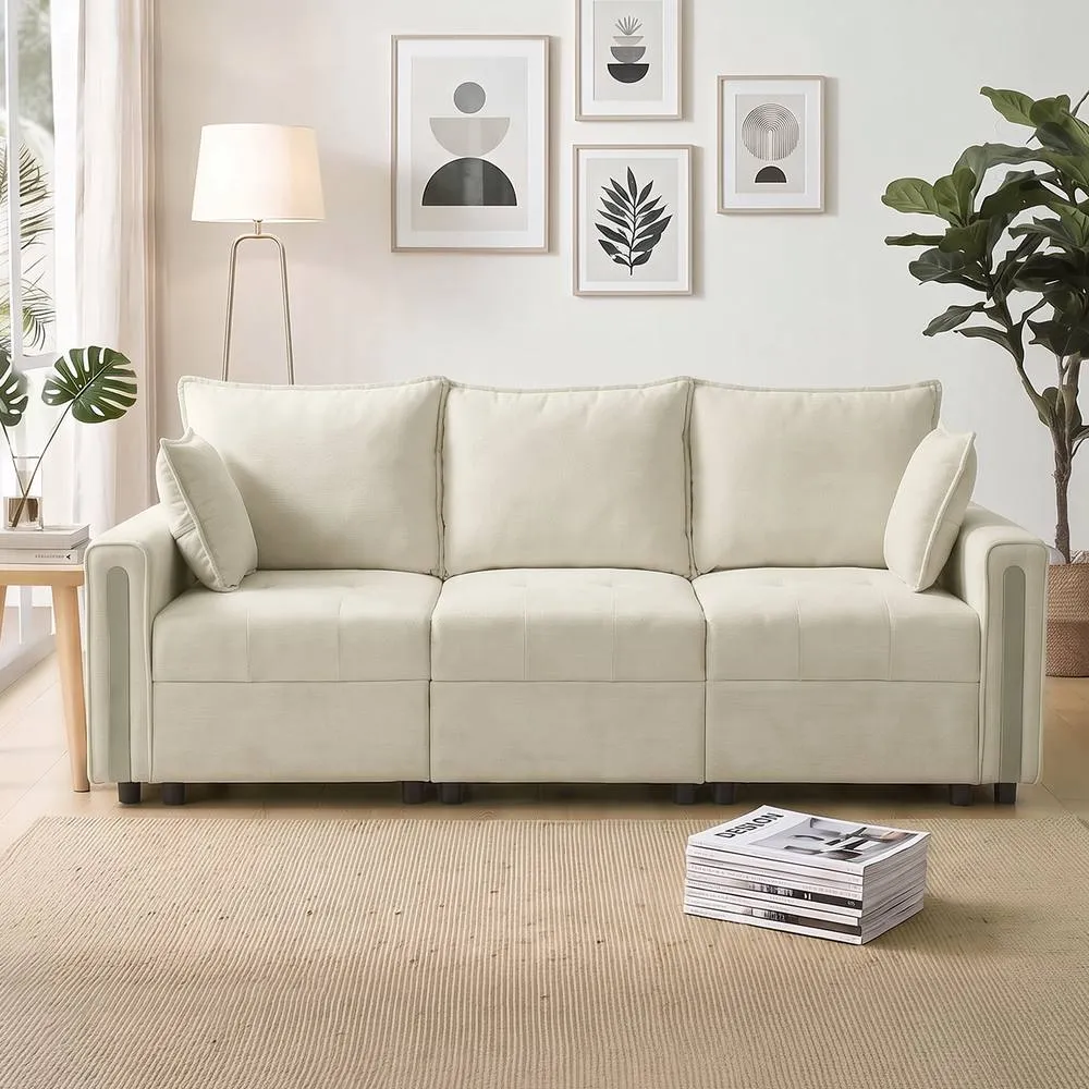 HOMCOM 3 Seater Sofa with Lift-Up Storage, 228 cm Velvet Couch, Beige 2