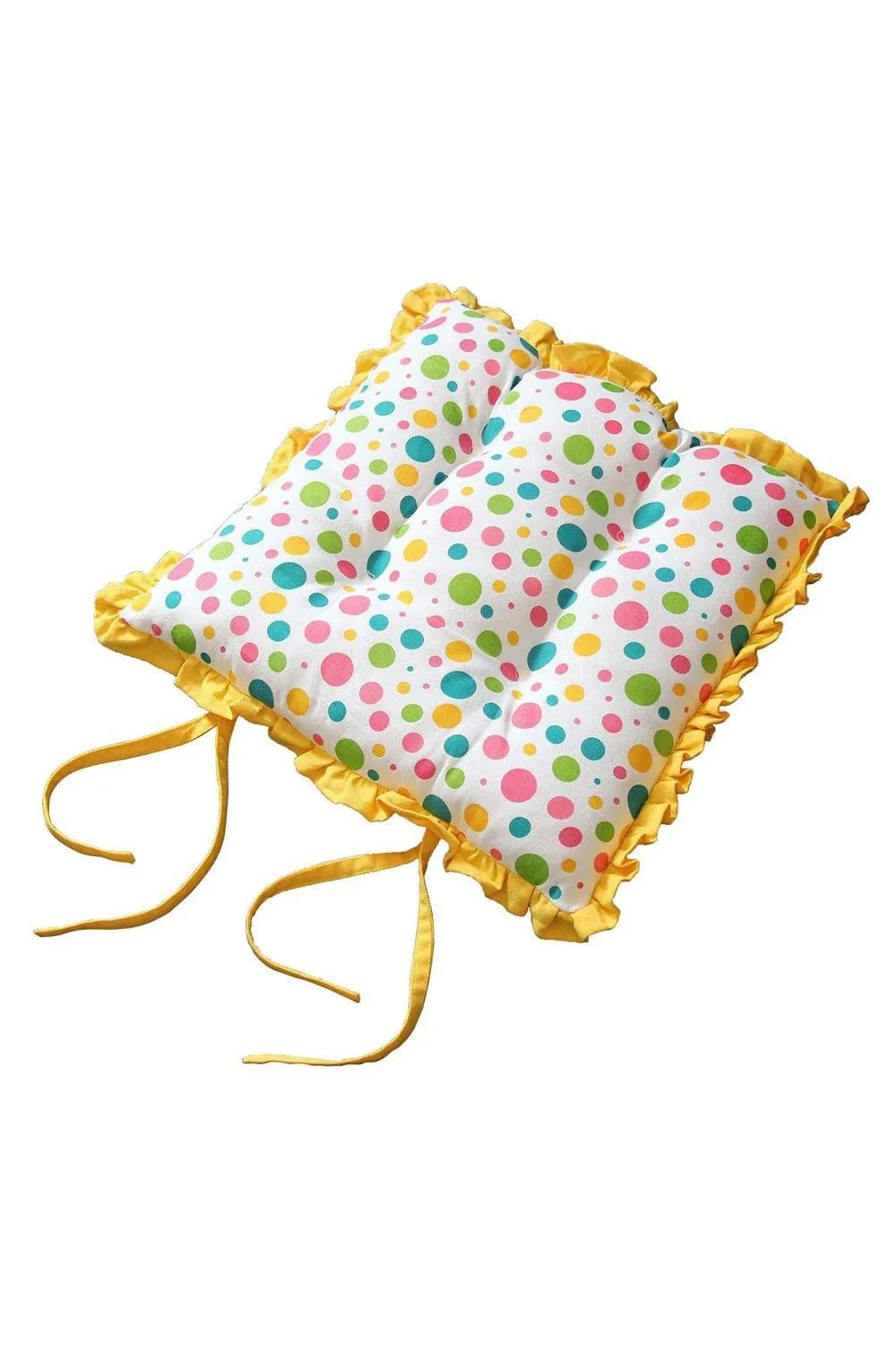 Homescapes Reversible Yellow Frilled Cushion Seat Pad with Ties Polka Dots Multi