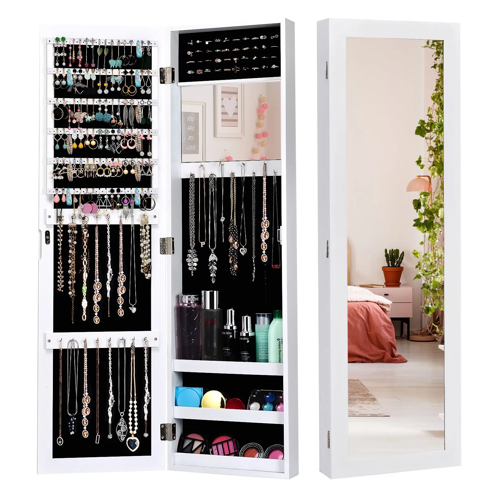 Costway Mirrored Jewelry Cabinet Wall Mounted/Door Hanging Jewelry Armoire w/ Full-Length Mirror in White