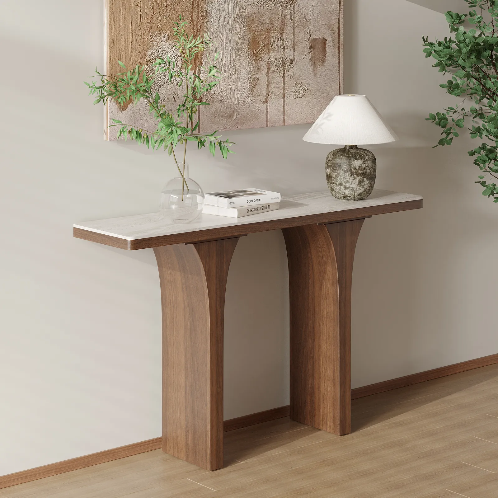 Travertine Veneer Top Console Table Entryway Furniture in Walnut