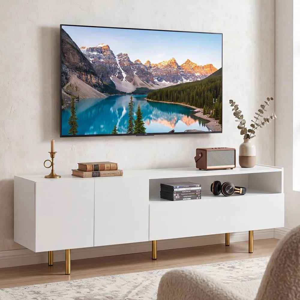 Costway TV Stand for 70" TVs Modern Entertainment Center w/ 2 Doors & Drawer in White 3
