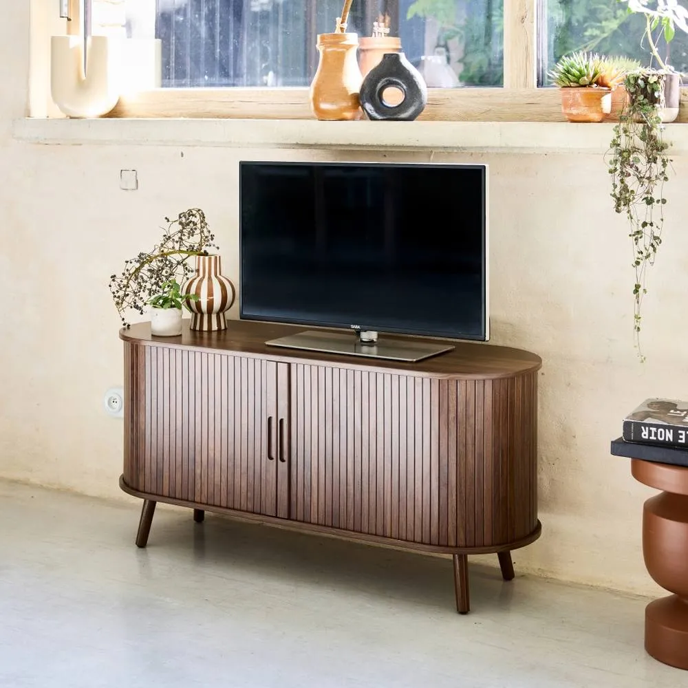 sweeek 120cm Scandi-style Tv Unit With Grooved Wooden Effect & 2 Sliding Do in Dark Brown 4
