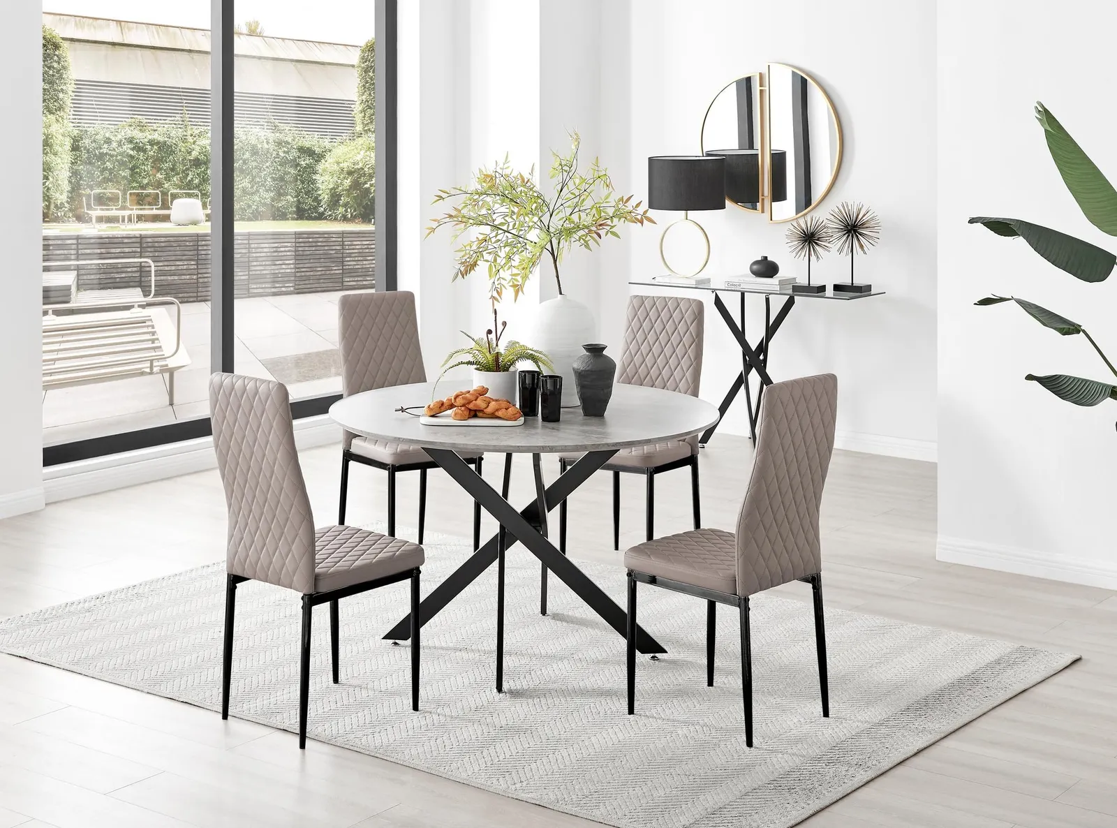 FurnitureboxUK Novara Grey Concrete Effect Black Leg 120cm Round Dining Table & 4 Milan Black Leg Chairs in Beige 1