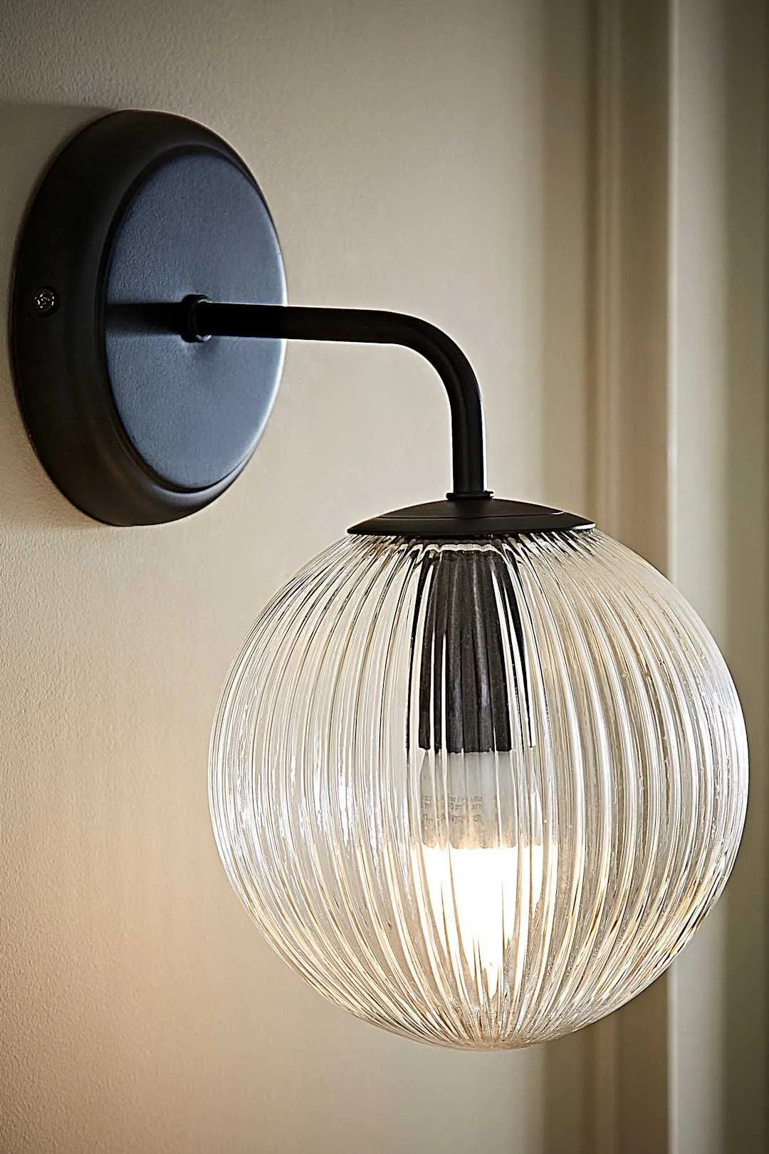 ValueLights Kempton Pair of Ribbed Glass Globe Shade Wall Lights with Bulbs in Black 3