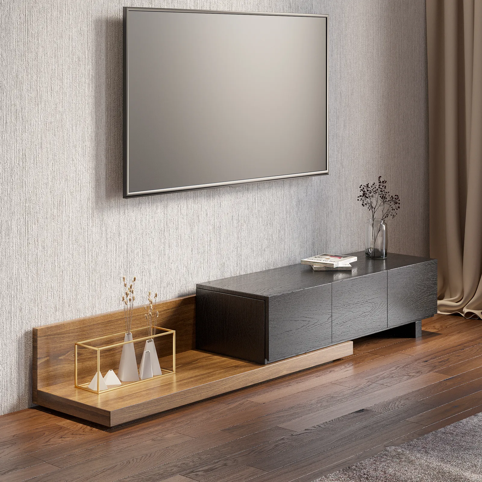Rectangle Wood Extendable TV Stand Black and Walnut Floor Media Console with 3 Drawers