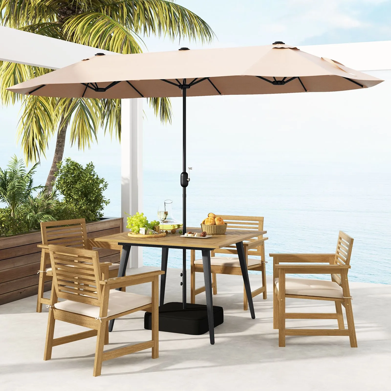 Costway Outdoor Dining Table for 4 Acacia Wood Patio Square Bistro Table w/ Umbrella Hole 107 x 107cm in Natural 3
