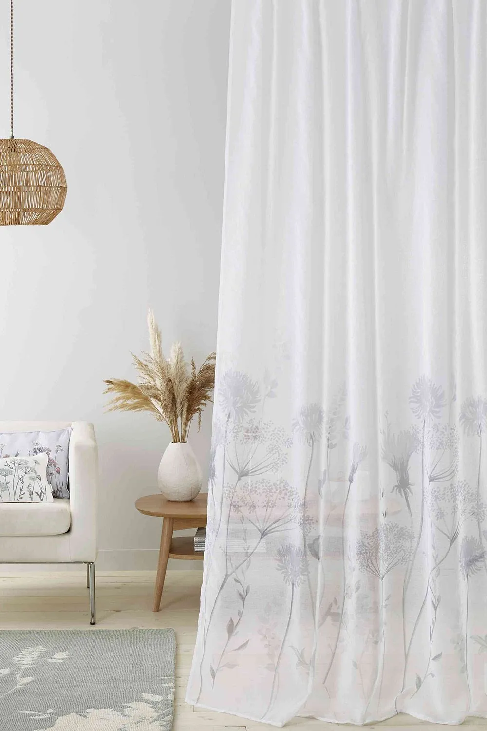 Catherine Lansfield 'Meadowsweet Floral' Voile Curtain Panel in White 2