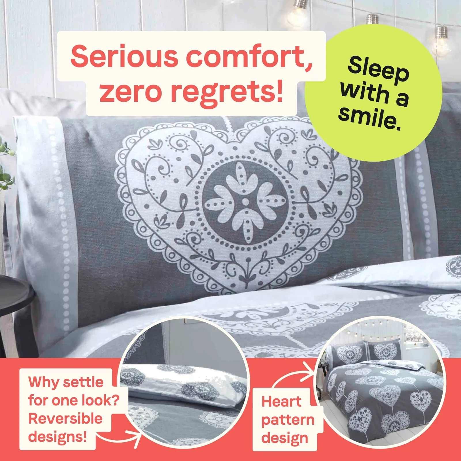 Rapport Home Scandi Heart Pure Cotton Duvet Cover Set with Pillowcase in Grey 2
