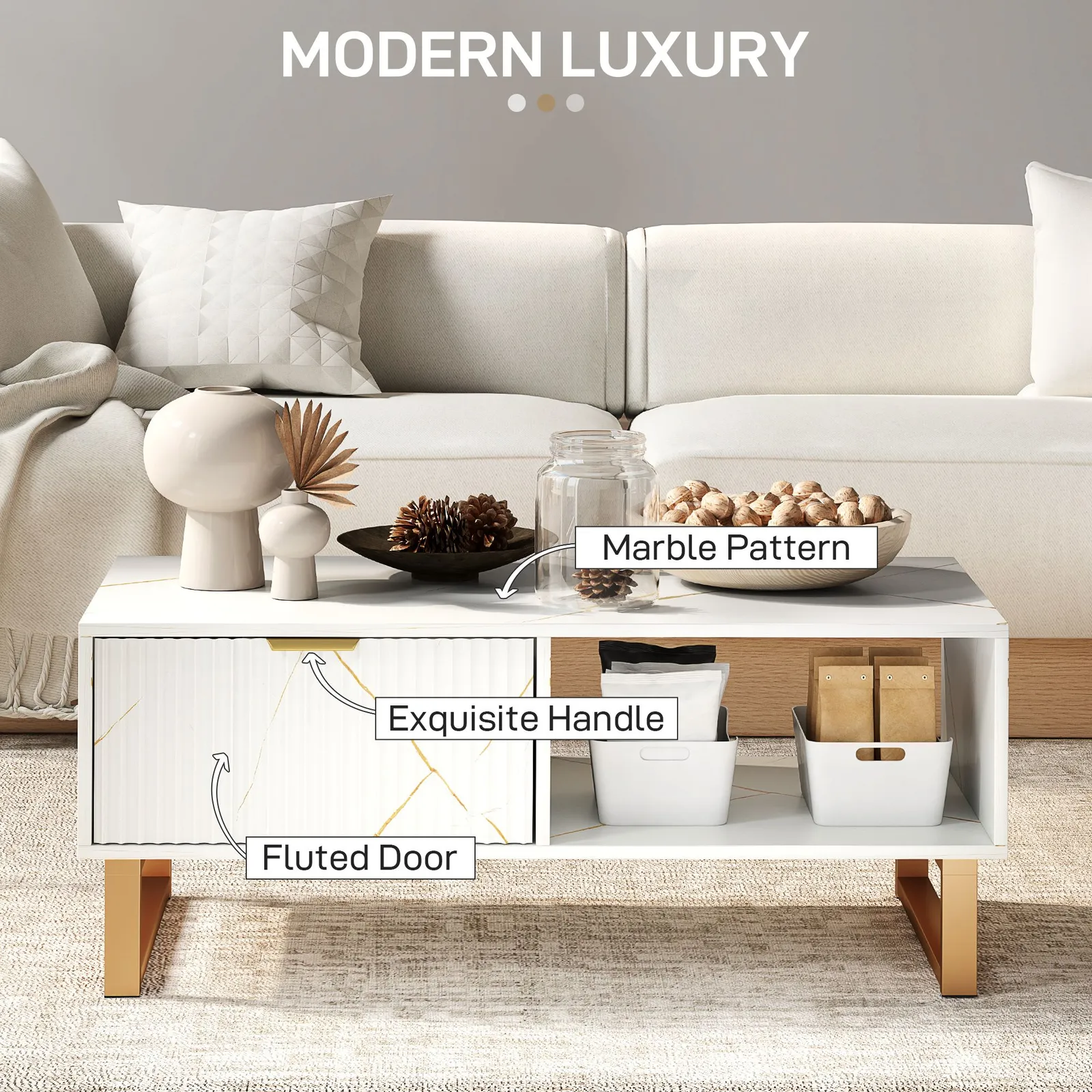 HOMCOM Coffee Table, Living Room Table with Drawer & Open Shelves in White 4