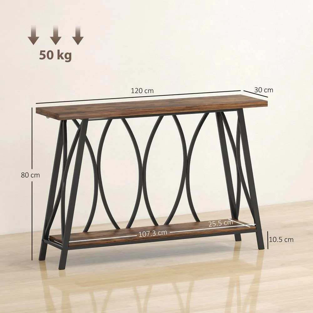 HOMCOM Console Table, Industrial Narrow Sofa Table with 2 Tiers, Metal Frame in Brown 3