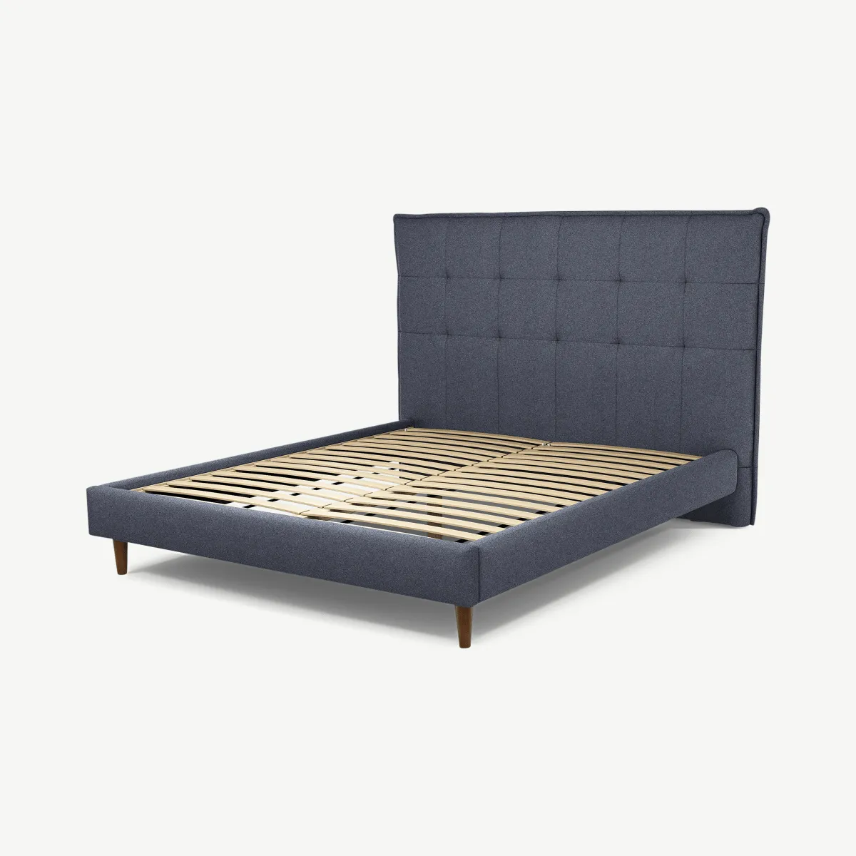 Lamas King Size Bed, Navy Wool with Walnut Stain Oak Legs