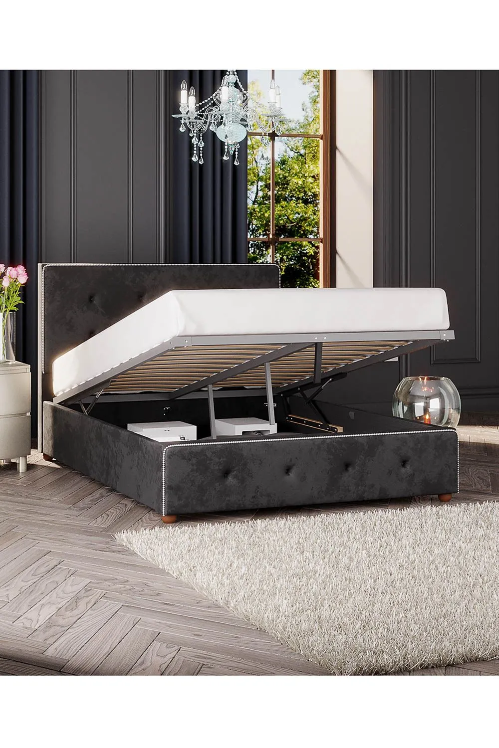 Laurence Llewelyn-Bowen Hesper Ottoman Storage Bed in Mirazzi Velvet Fabric, Custom Made in Black