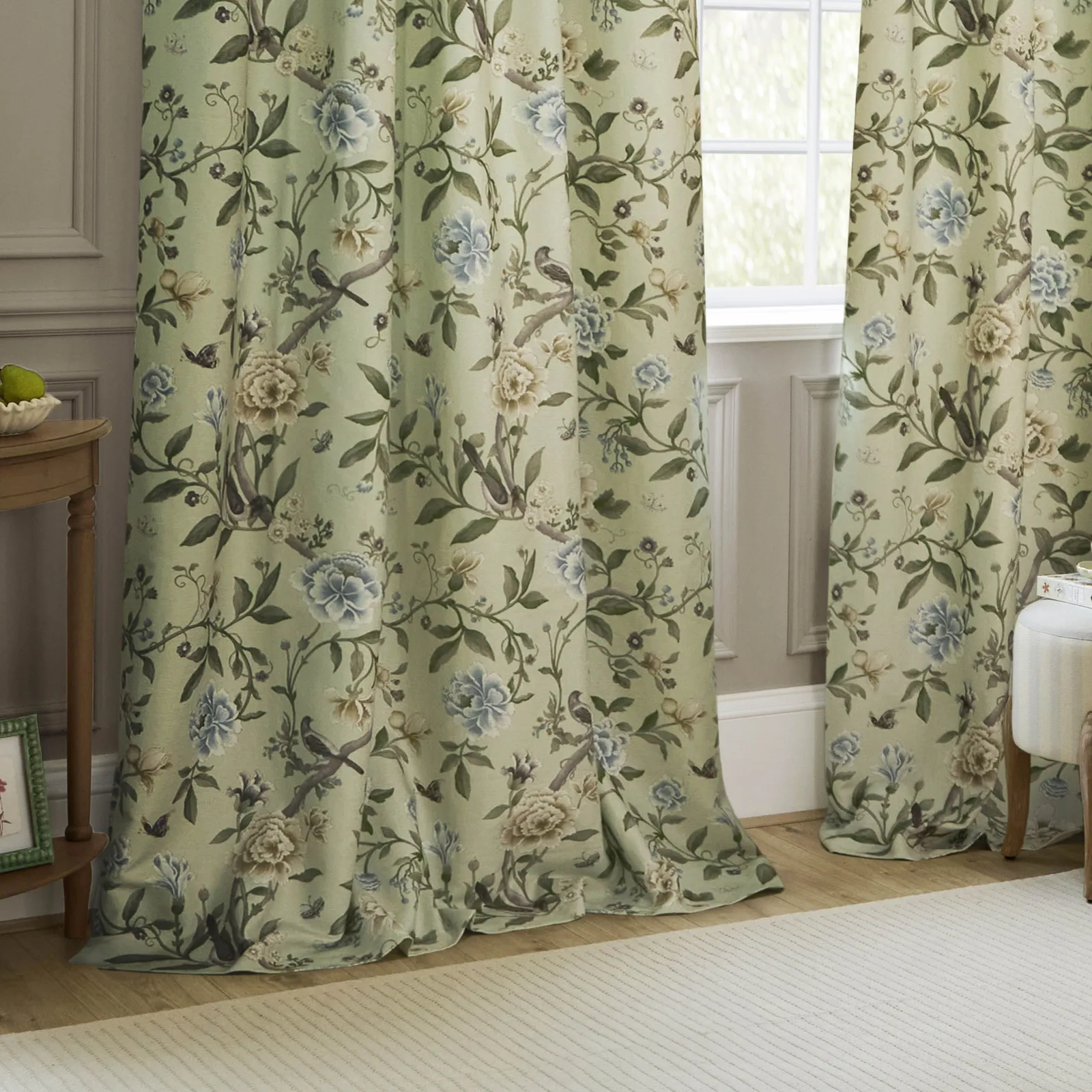 Sanderson Porcelain Garden Printed Chenille Room Darkening Pencil Pleat Curtains in Light Green 4
