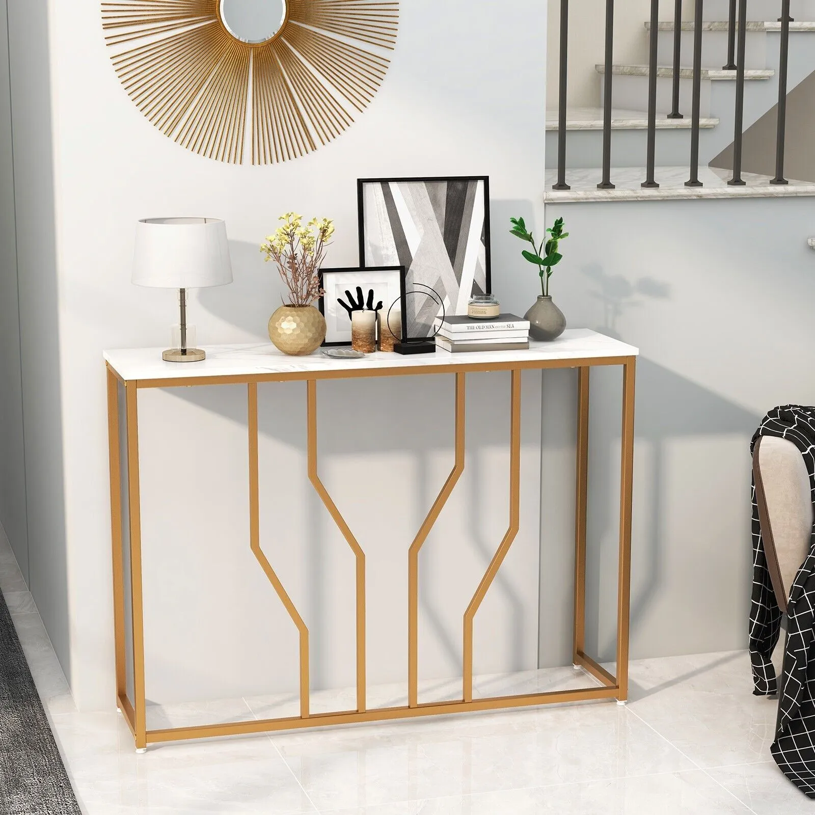 Costway Modern Console Table Faux Marble Narrow Entryway Hallway Table Accent Desk 110cm in White 6