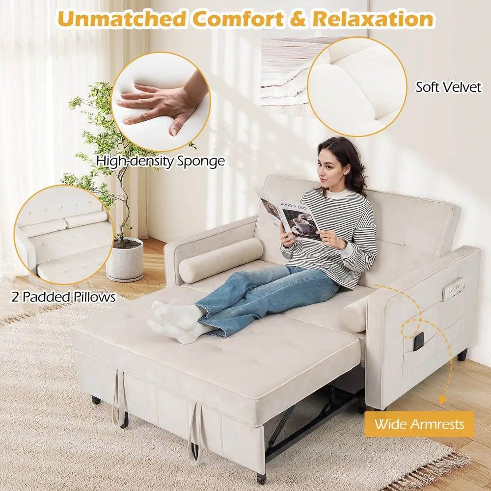 Costway 3-in-1 Convertible Sleeper Sofa Bed Pull Out Velvet Couch Bed-Beige in Beige 5