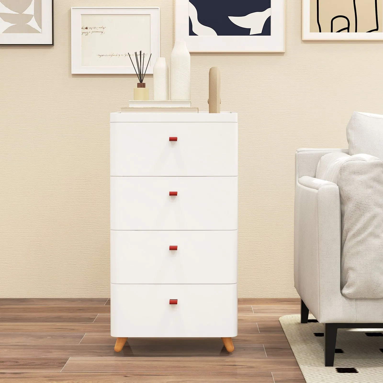 Costway 4 Drawer Dresser Bedroom Chest of Drawers with Removable Organizer Tray in White 5