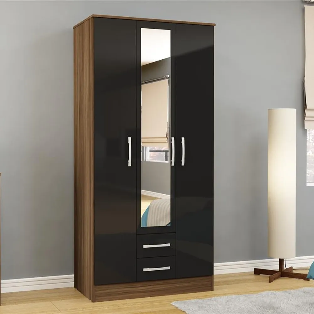 Lynx 3 Door Combination Mirrored Wardrobe Walnut and Black