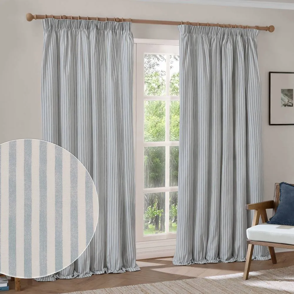Yard Hebden Striped 100% Cotton Blackout Pencil Pleat Curtain Pair in Blue 1